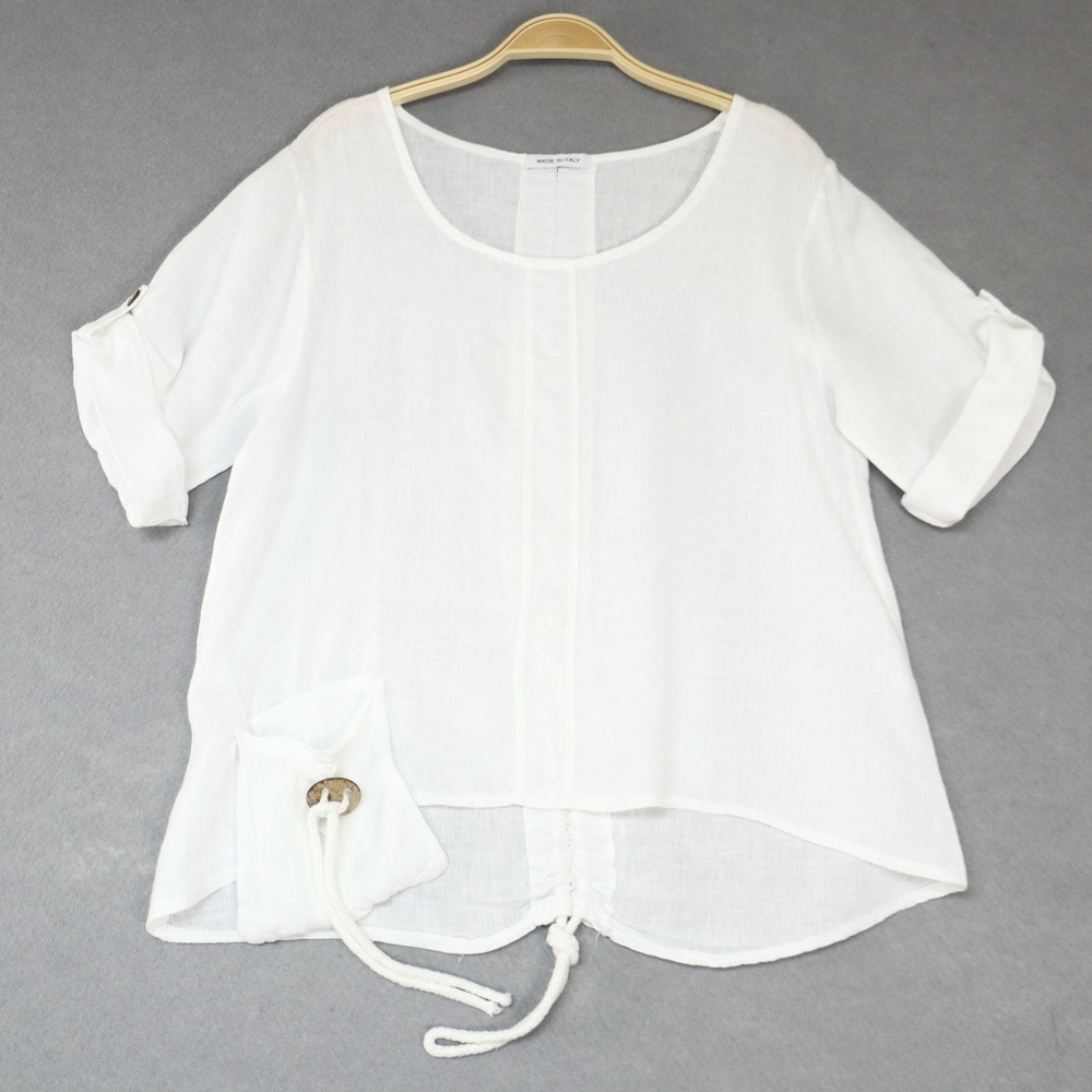 Made in Italy 100% Linen Roll Tab Sleeve Pocket Top S/M White Lagenlook Coastal